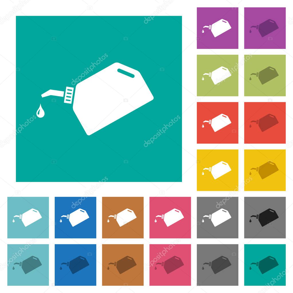 Oiler with oil drop multi colored flat icons on plain square backgrounds. Included white and darker icon variations for hover or active effects.