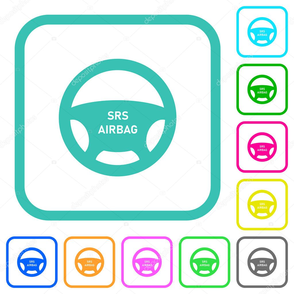 Steering wheel airbag vivid colored flat icons in curved borders on white background
