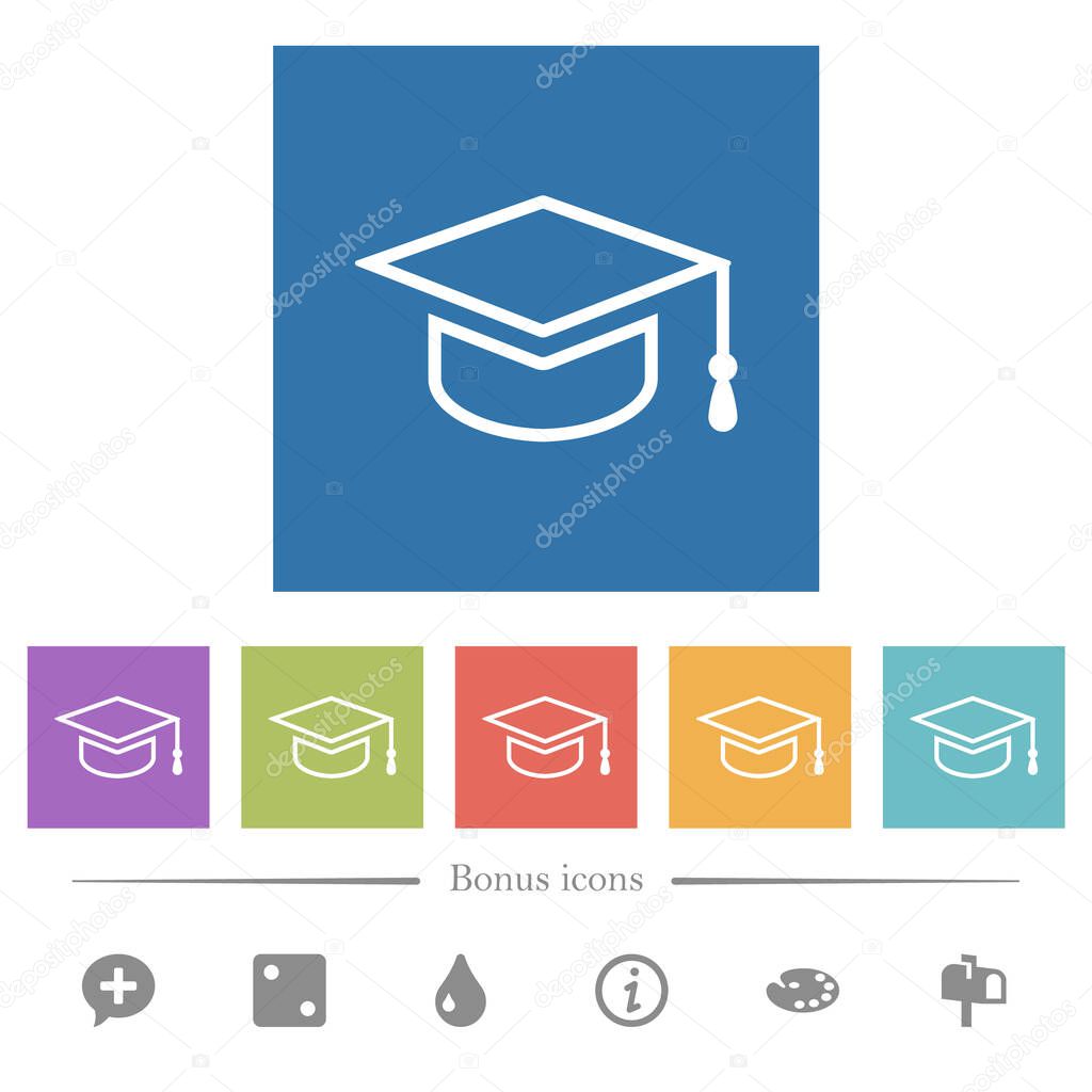 Graduation cap flat white icons in square backgrounds. 6 bonus icons included.
