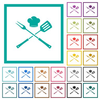 Barbekü çatalı ve beyaz arkaplanda kadranlı düz renk simgeleriyle şef şapkası ve spatula.