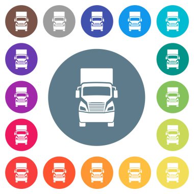 Kamyon ön görünümü düz beyaz simgeler yuvarlak renk arkaplan. 17 arkaplan renk varyasyonu dahil.