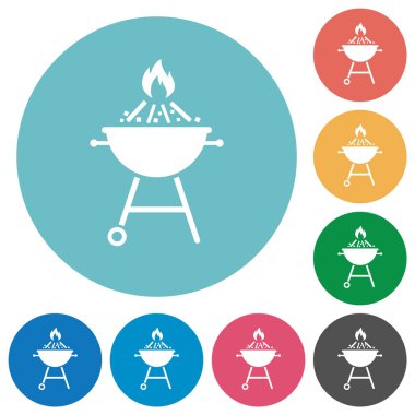 Yanan ızgara düz beyaz simgeler yuvarlak renkli arka planda