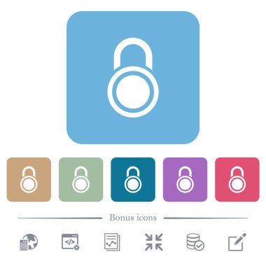 Renkli yuvarlak kare arkaplan üzerine asma kilitli beyaz düz simgeler. 6 bonus simgesi dahil