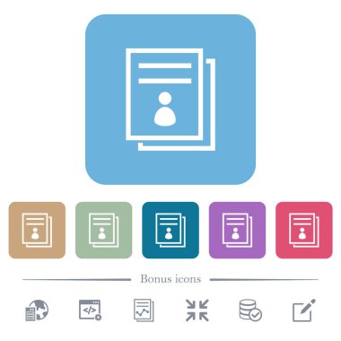 Renkli yuvarlak kare arkaplan üzerinde kullanıcı kılavuzu beyaz düz simgeler. 6 bonus simgesi dahil