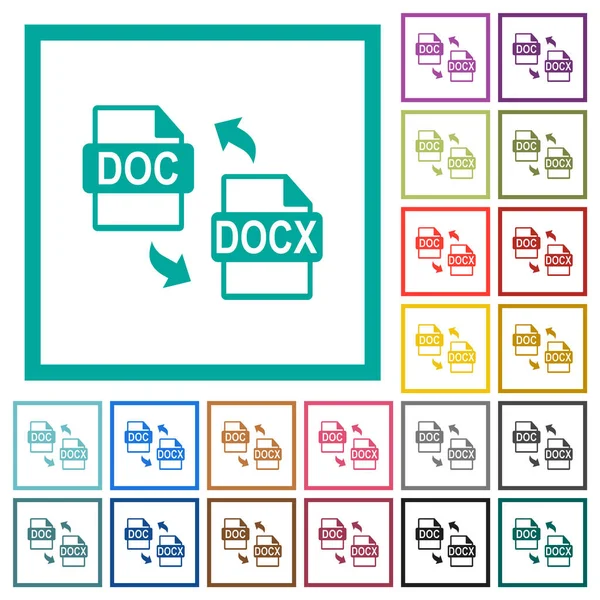 Doc Docx Conversion Fichiers Icônes Couleurs Plates Avec Cadres Quadrants — Image vectorielle