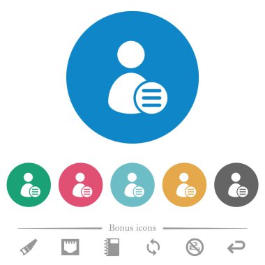 Yuvarlak renk arkaplanındaki düz beyaz simgeler kullanıcı hesabı seçenekleri. 6 bonus simgesi dahil.