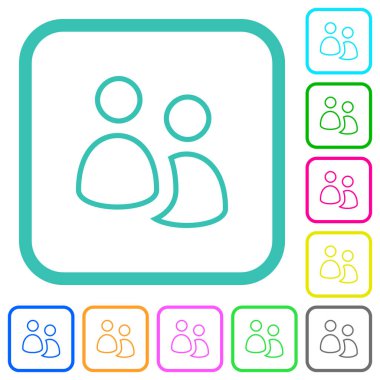 Beyaz arkaplan üzerindeki eğimli sınırlarda kullanıcı grubu canlı renkli düz simgeler