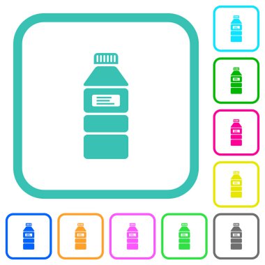 Beyaz arkaplanda kıvrımlı kenarlı düz simgelerle etiketlenmiş su şişesi