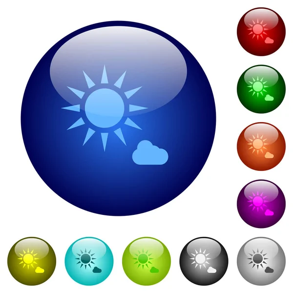 多色圆形玻璃按钮上的阳光灿烂的天气图标 安排层次结构 — 图库矢量图片