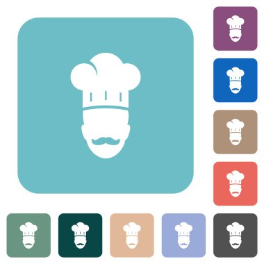 Bıyıklı usta şef. Beyaz düz simgeler. Renkli, yuvarlak kare arkaplan.