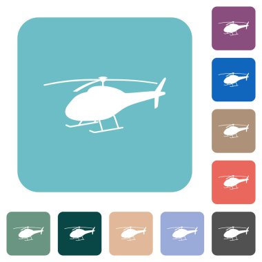 Renkli yuvarlak kare arkaplan üzerinde beyaz düz simge helikopter silueti