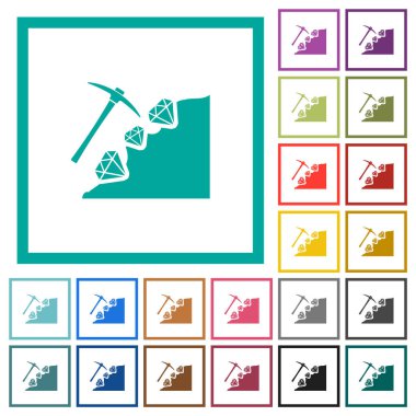 Beyaz arkaplanda çeyrek çerçeveli elmas madenciliği düz renk simgeleri