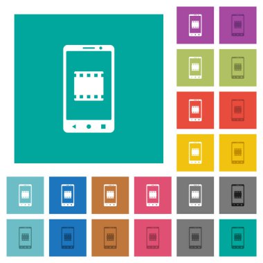 Sade kare arkaplanda çok renkli mobil video simgeleri. Uçan veya etkin efektler için beyaz ve koyu simge varyasyonları.