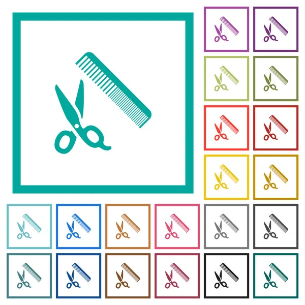 Peigne Ciseaux Icônes Couleur Plate Avec Cadres Quadrants Sur Fond — Image vectorielle