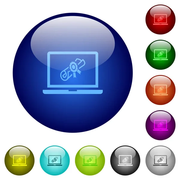 複数の色のラウンドガラスのボタン上のノートパソコンのアイコン上のウェビナー 配置された層構造 — ストックベクタ