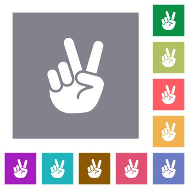 Basit renk kare arkaplanlarında zafer işareti el hareketi düz simgeleri