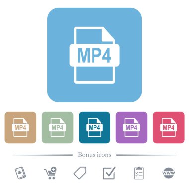 MP4 dosya biçimi beyaz düz simgeler renkli yuvarlak kare arkaplanlar. 6 bonus simgesi dahil