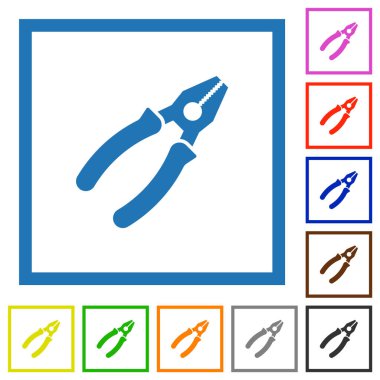 Beyaz arkaplanda kare çerçevelerde birleştirilmiş pense düz renk simgeleri