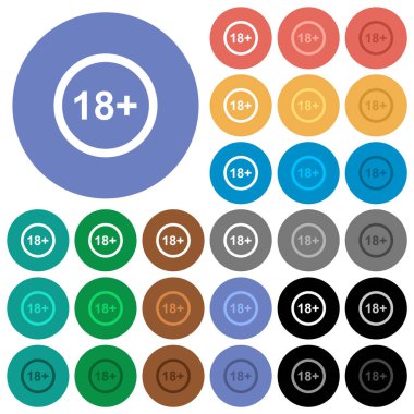 Allowed above 18 years only multi colored flat icons on round backgrounds. Included white, light and dark icon variations for hover and active status effects, and bonus shades.