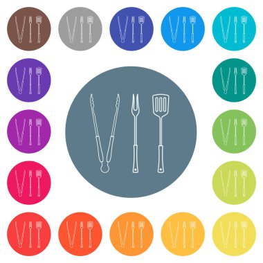 barbecue tools, tongs fork and spatula flat white icons on round color backgrounds. 17 background color variations are included.