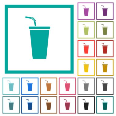 Disposable drinking cup with straw flat color icons with quadrant frames on white background