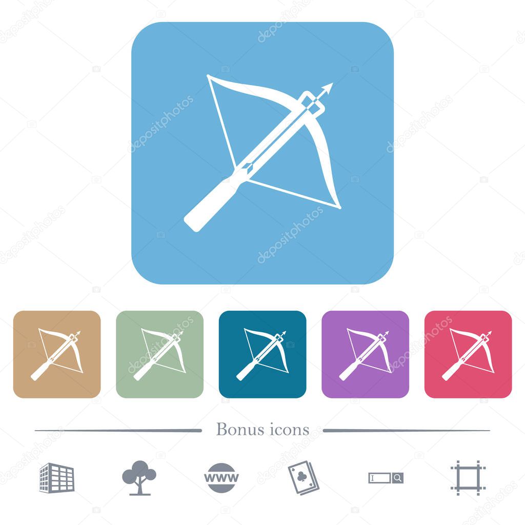 Crossbow with arrow white flat icons on color rounded square backgrounds. 6 bonus icons included