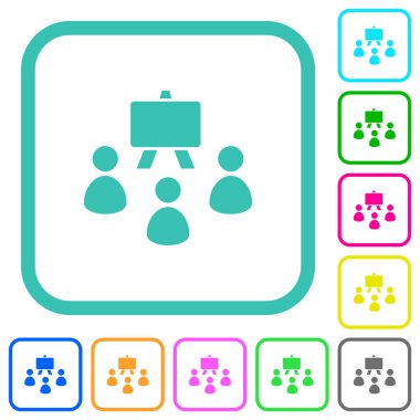 Beyaz arkaplan üzerinde eğri kenarlıklarda sınıf odası canlı renkli düz simgeler