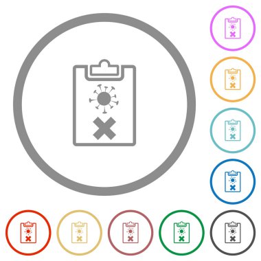 Beyaz arkaplan üzerinde yuvarlak anahatlarda Covid testi başarısız düz renk simgeleri