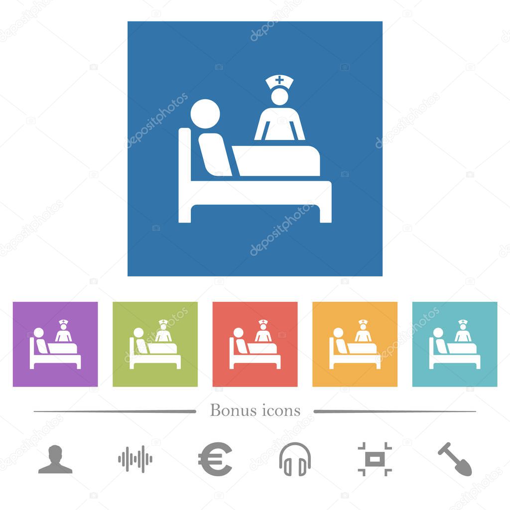 Inpatient flat white icons in square backgrounds. 6 bonus icons included.