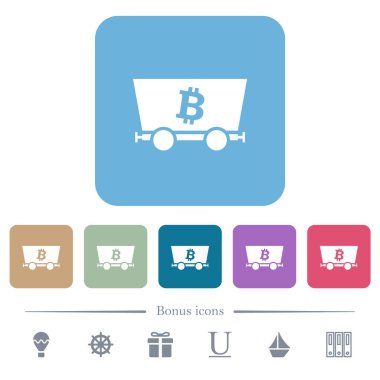 Bitcoin kripto para birimi beyaz düz simgeleri renkli yuvarlak kare arka planlar üzerinde madencilik. 6 bonus simgesi dahil