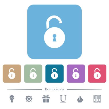 Renkli yuvarlak kare arka planlarda anahtar deliği beyaz düz simgeleriyle kilidi aç. 6 bonus simgesi dahil