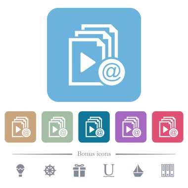 Renkli yuvarlak kare arkaplan üzerinde e- posta beyaz düz simgeleri ile çalma listesi gönder. 6 bonus simgesi dahil