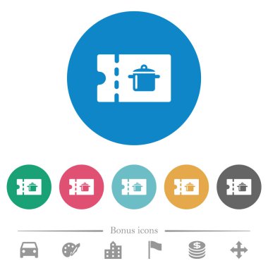 Mutfak gereçleri indirimli kupon düz beyaz simgeler yuvarlak renkli arka planda. 6 bonus simgesi dahil.