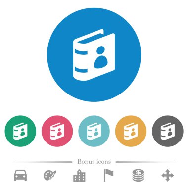 Yuvarlak renkli arkaplanlarda kullanıcı kılavuzu düz beyaz simgeler. 6 bonus simgesi dahil.