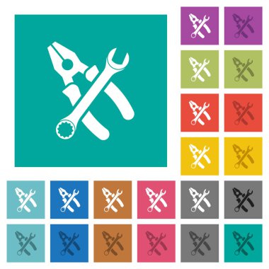Kareli pense ve ingiliz anahtarı çapraz pozisyonda düz arkaplanda çok renkli düz simgeler. Uçan veya etkin efektler için beyaz ve koyu simge varyasyonları.