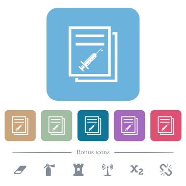 Aşı dokümantasyonu beyaz düz simgeler renkli yuvarlak kare arka planlar. 6 bonus simgesi dahil