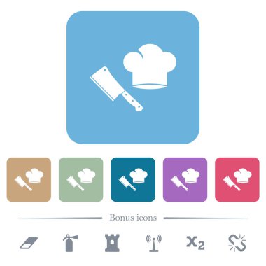 Et bıçağı ve aşçı şapkası. Renkli yuvarlak kare arka planlarda beyaz düz simgeler. 6 bonus simgesi dahil