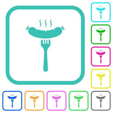 Beyaz arkaplanda kıvrımlı sınırlarda çatal renkli düz simgelerde ızgara sosis.