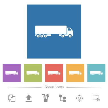 Camion kenar görünümü kare arkaplanlarda düz beyaz simgeler. 6 bonus simgesi dahil.