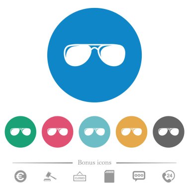 Yuvarlak renkli arka planda düz beyaz simgeli havacı gözlükleri. 6 bonus simgesi dahil.