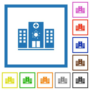 Beyaz arkaplanda kare çerçeveli Covid Hastanesi düz renk simgeleri
