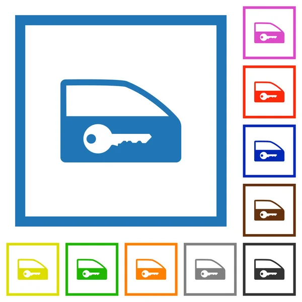 Cerradura Puerta Coche Iconos Color Plano Marcos Cuadrados Sobre Fondo — Vector de stock