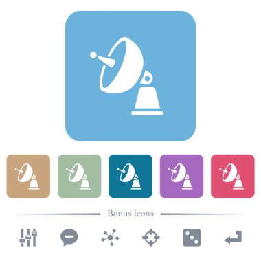 Renkli yuvarlak kare arkaplan üzerine uydu anteni beyaz düz simgeler. 6 bonus simgesi dahil