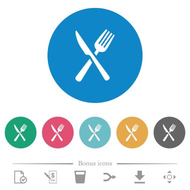 Çatal ve bıçak kesişen pozisyonlarda yuvarlak renkli arka planlarda düz beyaz simgeler. 6 bonus simgesi dahil.