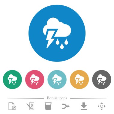 Fırtınalı hava düz beyaz simgeleri yuvarlak renkli arka planlarda. 6 bonus simgesi dahil.