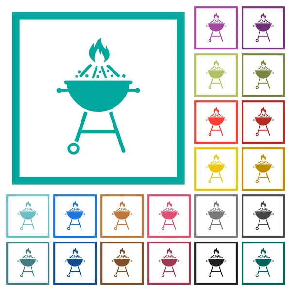 Grill Barbecue Brûlant Icônes Couleur Plate Avec Cadres Quadrants Sur — Image vectorielle