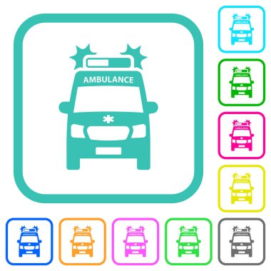 Beyaz arkaplan üzerinde eğri kenarlıklarda canlı renkli düz simgeler parlayan ambulans aracı ön görünümü