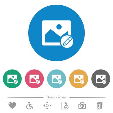 Yuvarlak renk arkaplan üzerindeki resim düz beyaz simgelerini düzenle. 6 bonus simgesi dahil.