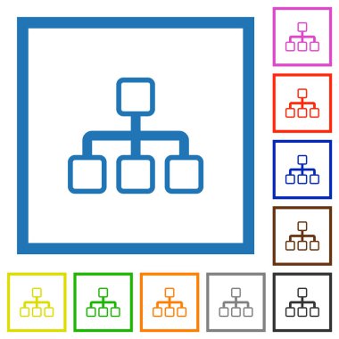 Ağ ana hatları düz renk simgeleri beyaz arkaplanda kare çerçeveler içinde