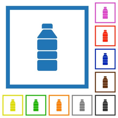 Su şişesi düz renk simgeleri beyaz arkaplanda kare çerçeveler halinde